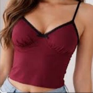 No Boundaries Burgundy Lace Trim Camisole Top Herringbone Size L 12-14 NWT